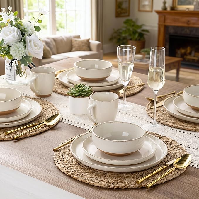 AmorArc Dinnerware Sets with Pasta Bowls for 4, Handpainted Stoneware Plates and Bowls Set with Rustic Terracotta Underside, Scratch Resistant Dishes Set, Dishwasher & Microwave Safe, 16 Pcs