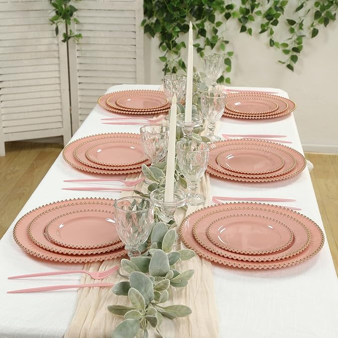 8" Salad Plates - Set of 10 - Plastic Dusty Rose Round Disposable Dessert Appetizer Plate with Gold Beaded Rim, Ideal for Dinner Party Wedding Bulk Events