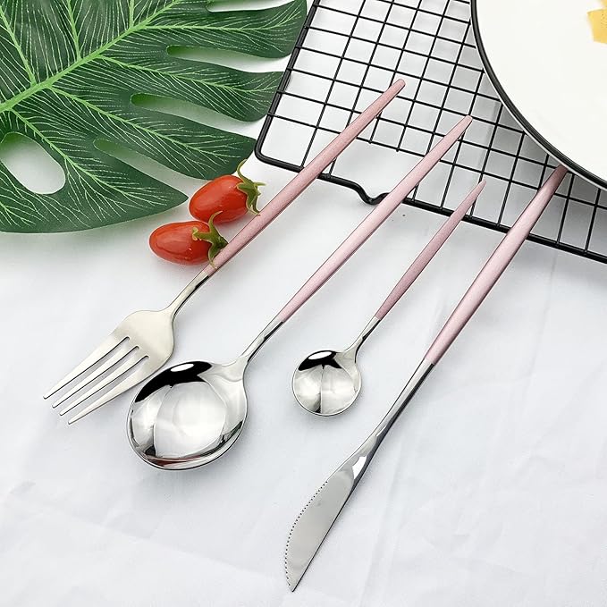 JASHII 24-piece Forks and Spoons Silverware Set with Stand, Metal Tableware Cutlery Set Pink and Silver Plated Stainless Steel Flatware Set,Service for 6,Mirror Polished