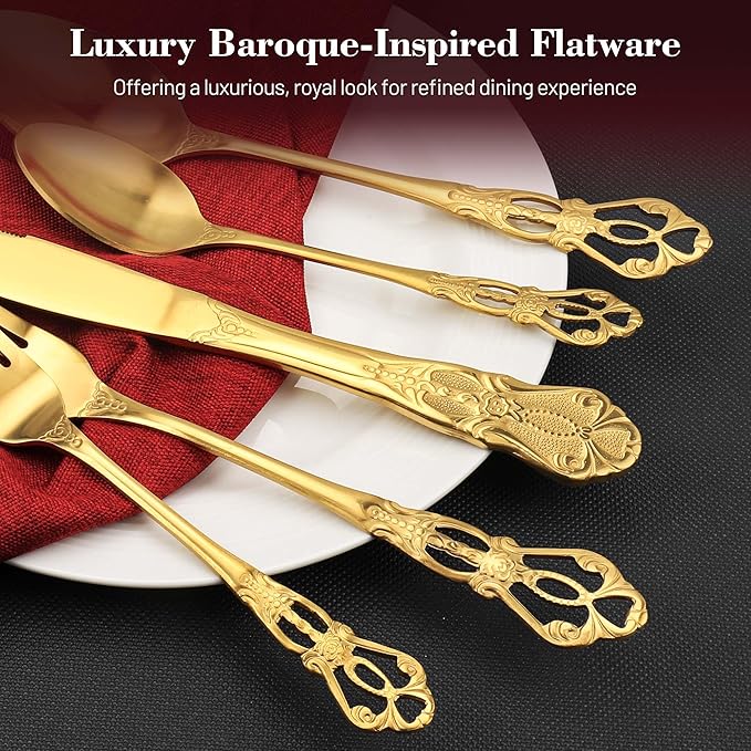Silverware Set, 30 Pieces Retro Royal Silverware Set for 6, Anti-rust Stainless Steel Flatware Set Including Fork Spoon and Knife, Dishwasher Safe, Gold