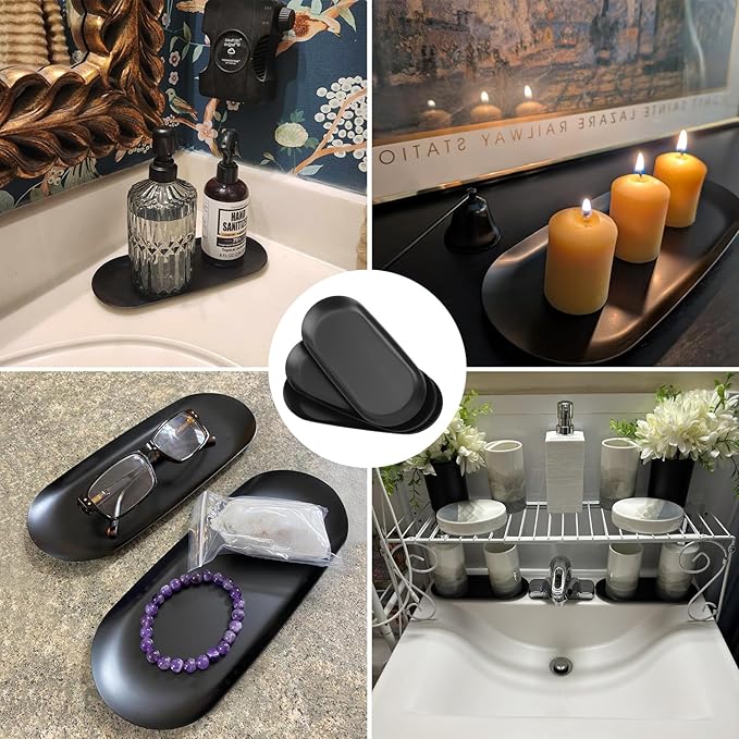 8 Pack 7 Inch Oval Stainless Steel Decorative Tray, Stainless Steel Tea Fruit Tray, 7 inch Black Oval Trays for Bathroom Vanity, Jewelry, Perfume & Key Organizer (Black)