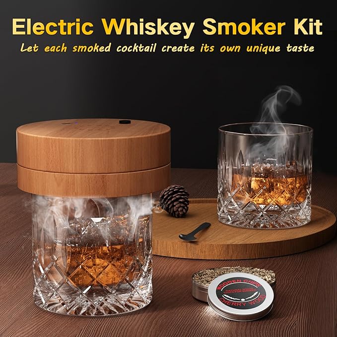Electric Whiskey Smoker Kit with 6 Wood Chips, Rechargeable Cocktail Smoker Kit Built-in Lighter, No Butane Needed,Old Fashioned Drink Smoker Kit, Gifts for Men, Dad, Husband