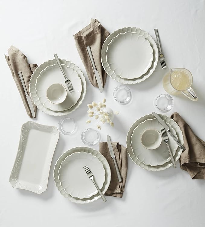 Lenox Stoneware Dinnerware Sets, French Perle Scallop 12-Piece Dinnerware Set for 4, Service For 4, Dishwasher Safe Dishware, White Dishes Set, Stoneware Dinner Plates and Bowls Sets (White, 12 Piece)
