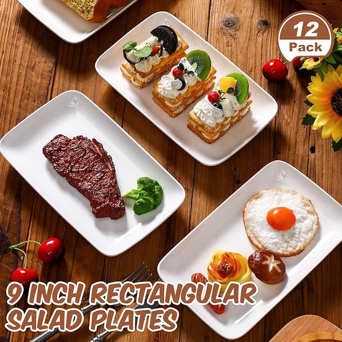 Irenare 12 Pcs 9 Inch Rectangular Salad Plates White Rectangular Porcelain Dessert Plates Appetizer Serving Tray Rectangular Porcelain Platters for Fruit Sushi Dinner Parties, Microwave, Oven Safe