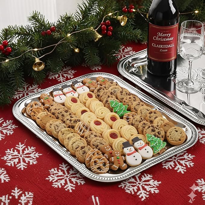 4-Pack 15.7" x 11.8" Silver Serving Trays for Party Set - Floral Engraved Serving Platters, Wedding Birthday Mirror Tray for Christmas, Food, Appetizer, Charcuterie, Cookies, Desserts