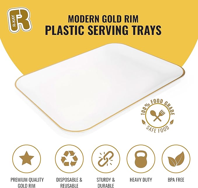 3 Pack Plastic Serving Trays for Party - White and Gold Serving Tray 8 by 11 in - Heavy Duty Dessert Trays for Food - Rectangular Party Serving Trays, Gold Platters