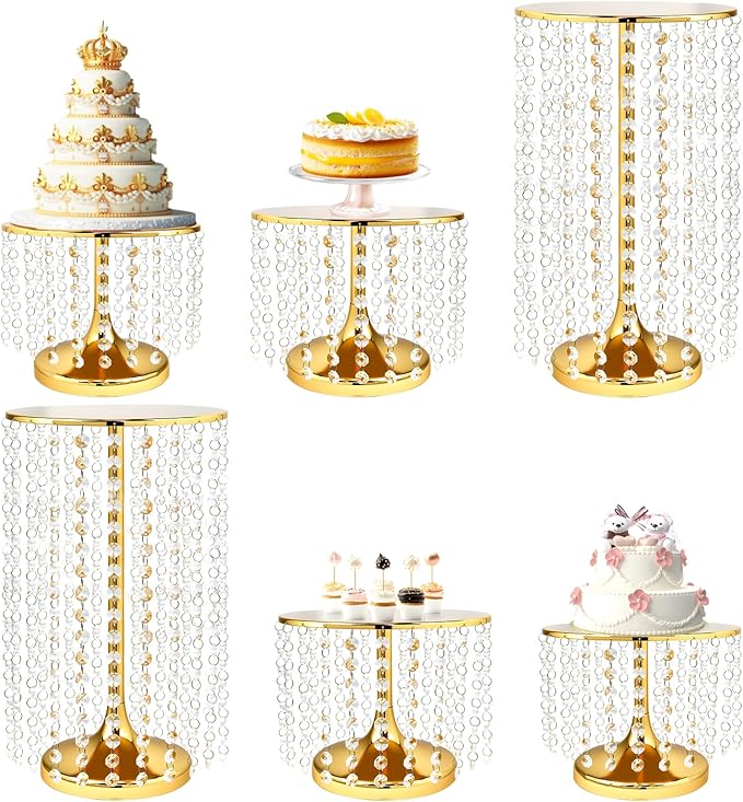 6 Pcs Crystal Gold Cake Stand for Party, Gold and Crystal Dessert Table Display Set, Vintage Metal Cupcake Stand Includes Protective Film