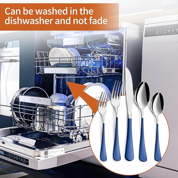 20 Piece Blue 18/0 Flatware Utensil Set for 4, Include Dinner Knife,Dinner Forks,Dinner Spoons,Salad Forks,Teaspoons,Silverware Set for 4, Dishwasher Safe