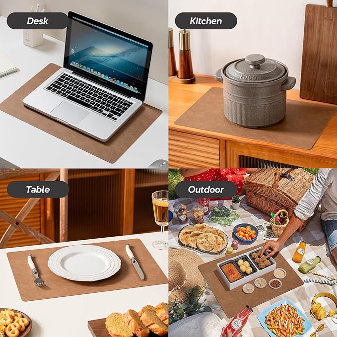 Placemats Set of 4 - Faux Leather 100% Waterproof Oil-Proof Wipeable PU Place Mats, Heat Resistant Reversible Table Mats for Kitchen, Dining, Outdoor (Khaki)