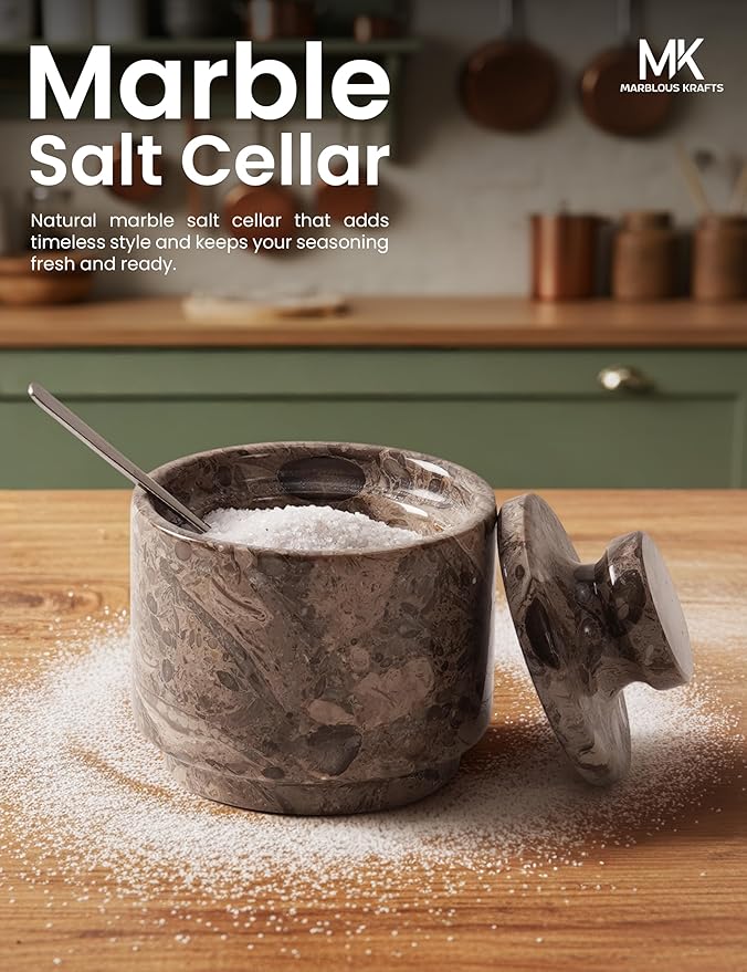 MARBLOUS KRAFTS Marble Salt Cellar Oceanic 3' Flaky Salt Dish for Countertop Ideal Spice Box, Valentine Candy Bowl, Brown Sugar Jar with Lid and Spoon, Kitchen Storage