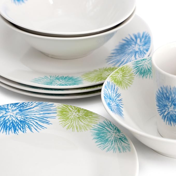Gibson Home Blue Meadow 12 Piece Fine Ceramic Dinnerware Set in White with Colored Accents