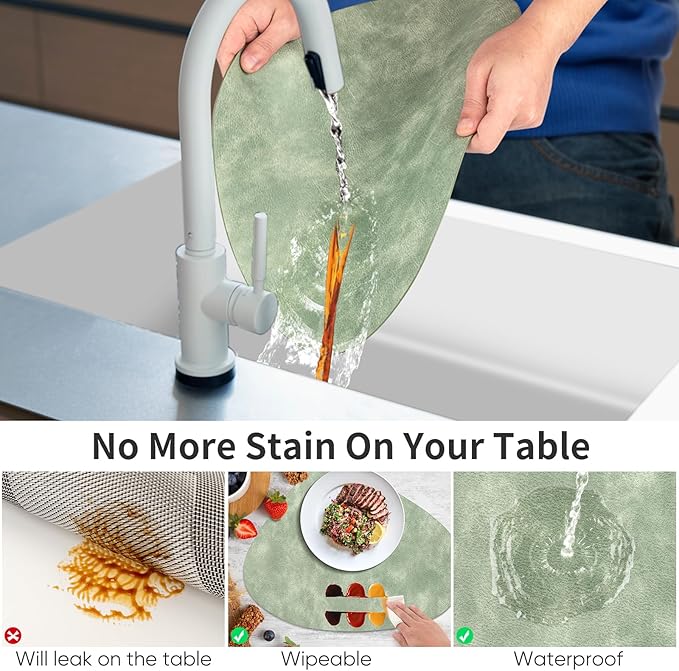ADRIMER Placemats, Heat Resistant Round Placemats Set of 6 Washable 13 x 17 Inch, Waterproof Table Mats Wipeable for Kitchen, Dining Room Table Christmas Decor, Green