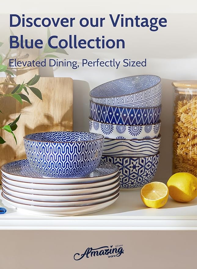 Amazingware Porcelain Dessert Plates Appetizer Plates, Salad Plates, Small Plates - Dishwasher, Microwave, Oven Safe (Vintage Blue, 8 Inch)