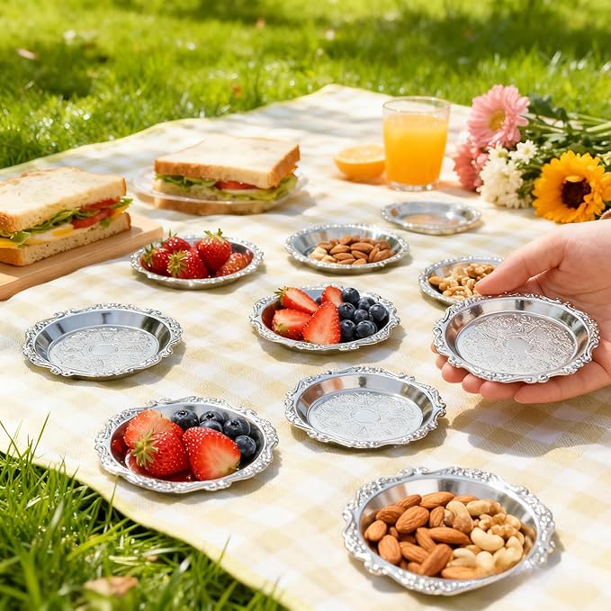 6Pcs Snack Serving Dishes, Vintage Metal Appetizer Plates, 4-Inch Silver Trays for Fruits Nuts Candy Party Use
