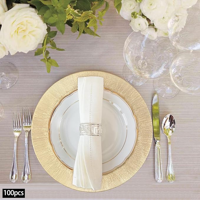 Gold Plastic Charger Plates Set of 100,13” Reusable Party Chargers for Dinner Plates, Elegant Round Service Plate Chargers Bulk Decorative for Wedding, Catering Table Decor
