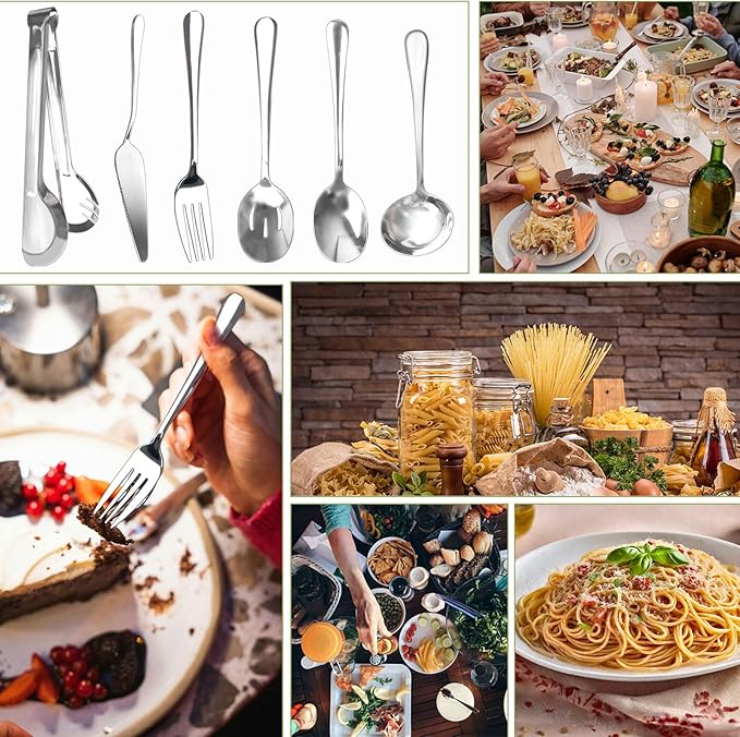 30 Pcs Stainless Steel Serving Utensils Set,With Large Spoons, Slotted Spoons, Forks, Soup Ladle, Pie Server, and Tongs for Home Buffet Party Supplies(Silver)