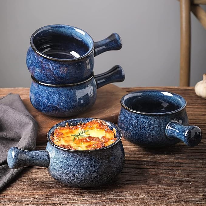 vicrays French Onion Soup Bowls With Handles, 26 Ounce for Soup, Chili, Beef Stew, Chip Resistant, Dishwasher Microwave Safe, Set of 4 (Blue)