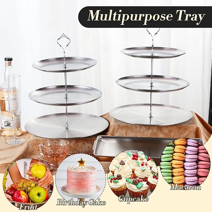 Zubebe 6 Pcs Dessert Table Display Set 2 Stainless Steel Cupcake Stand 3 Tier Cake Holder 3 Rectangle Serving Tray 1 Round Cake Tray Tiered Candy Cupcake Tower for Party Wedding Birthday (Silver)