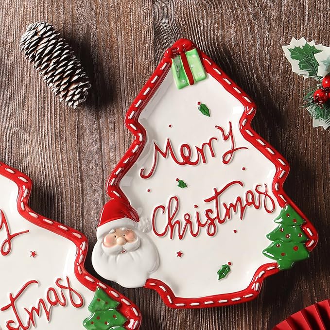 10.3 Inches Snacks Appetizer Trays Set, Christmas Tree Dessert Serving Dishes, Snack Platter, Food Cereal Salad Bowl, Santa Claus High Relief Bowl Ceramic Plate