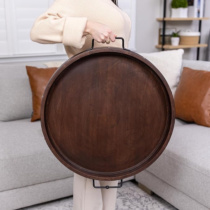 24" Extra Large Round Ottoman Tray, Heavy Duty Mango Wood, for Serving Tea, Breakfast in Bed, Living Room Large Coffee Table Tray Rustic with Farmhouse Style, Decorative Handles and Accent Strap