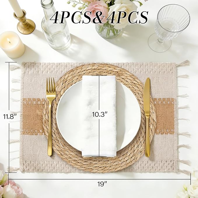 Placemats Set of 4-11.8inch Round Woven Rattan Place Mats & 11.8" x 17" Cotton Braided Placemat for Dining Table Boho Decor, Rustic Farmhouse Wicker Dinner Charger Plates Heat Resistant, 8Pcs