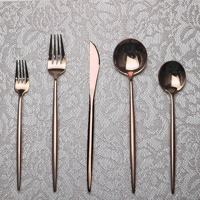 Portable Silverware Set - 5-Piece Flatware Cutlery Set - 18/10 Stainless Steel - Mirror Polishing Rose Gold - Travel Elegant Modern Utensils - Service for 1 Include Steak Knife Dinner Fork Spoon