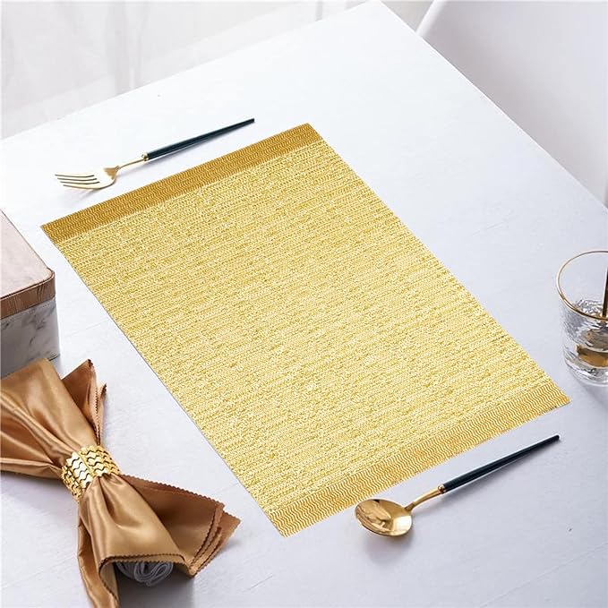 Placemats,PlasticVinyl Washable Heat-Resistant Durable PVC Non-Slip Woven for Kitchen Dining Table Mats (Set of 6, Gold)
