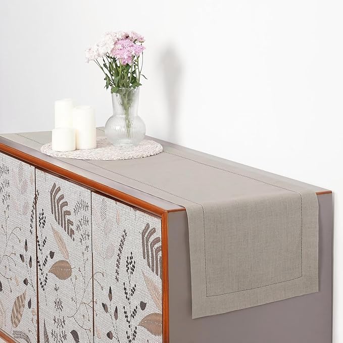 D'Moksha Homes Linen Natural Table Runner 72 Inches Long - 100% Pure Linen Hemstitch Table Runner 14 x 72 Inch for Dresser, Dining, Winter, Christmas, Holiday, New Year - Classic Hemstitch
