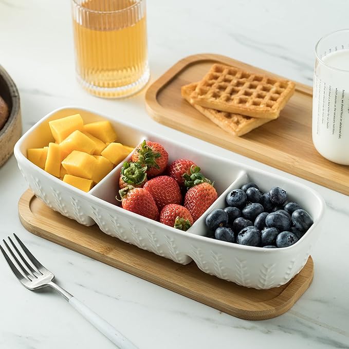 3 Compartment Condiment Tray, Chip and Dip Bowl with Wooden Serving Tray, Perfect for Snacks, Appetizers, Charcuterie, Chips, Candy, 10-inch Chip and Dip Serving Set for Parties