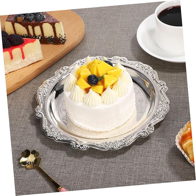 Kichvoe Round Platter Serving Tray Decorative Plate Metal Ottoman Dish Coffee Table Perfume Tray Dessert Plate Jewelry Storage Organizer for Kitchen Bathroom Silver- 7.86Inch