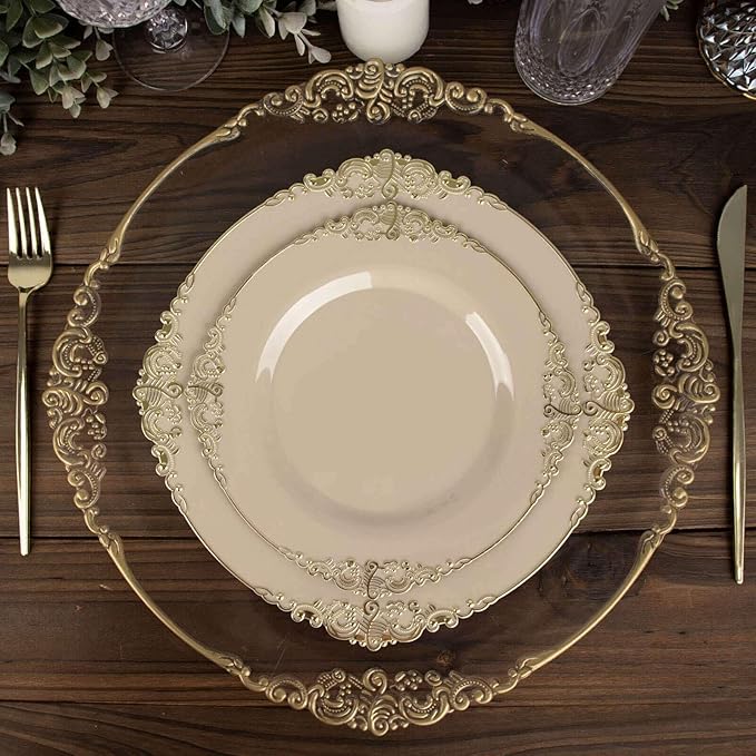 8" Salad Plates -Set of 30 - Plastic Taupe Round Baroque Disposable Chargers Leaf Embossed Rim, Ideal for Dinner Party Wedding Bulk Events