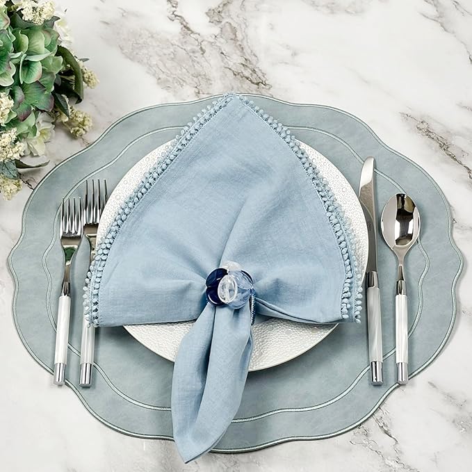 Embroidered Scalloped Faux Leather Placemats Set of 4 - Earth Tone, Soft, Wipeable Luxury Dinner Table Mats for Dining & Wedding, 17.25" x 15", Light Blue Gray