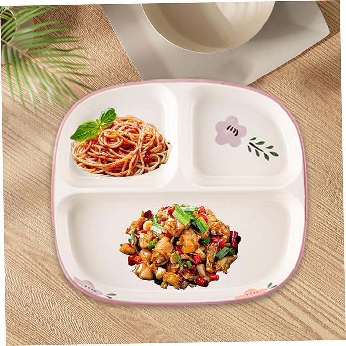 Divided Plates with 3 Compartment 8.3x7.3x1 Square Floral Pattern Ceramic Portion Control Plates for Adults & Kids, Home, School, Kindergarten Christma