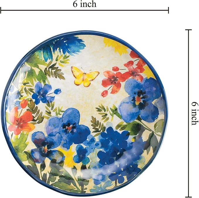UP UPware Butterfly Floral Melamine Round Dessert Plates, Small Serving Plates, for Appetizer, Snacks, and Side Dishes, Blue, 6 Inch, Set of 4