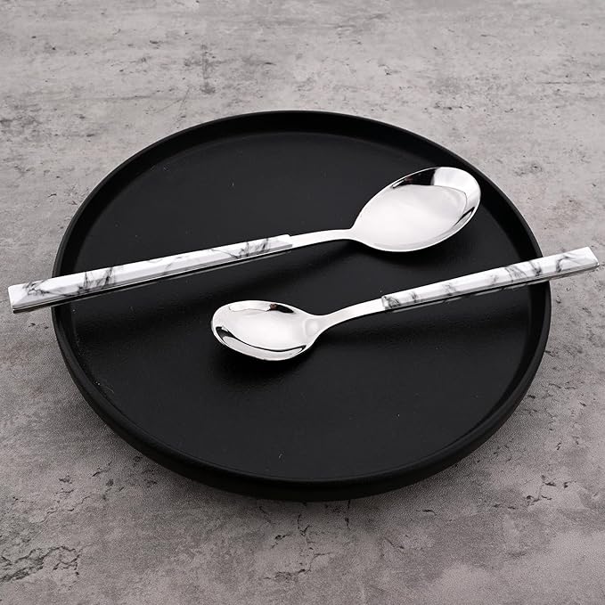 30pcs Marble Handle Flatware Set, Stainless Steel Cutlery Set Include Knife/Fork/Spoons, Mirror Polish, Service for 6 (White Silver)