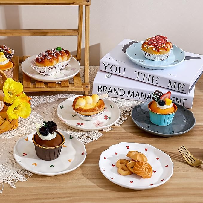 Koythin Ceramic Dessert Plates, Cute Fruits Dinner Plate, Creative Plates Design, Printed Flowers Dinnerware for Office and Home, Kitchen Plates for Desserts (Pink Small Bow)
