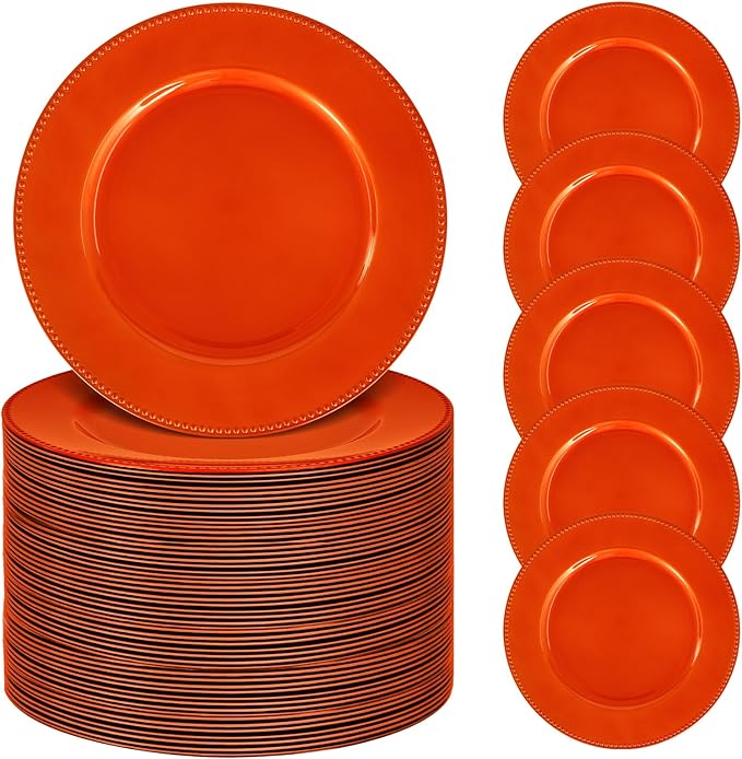 50 Pcs Orange Charger Plates Bulk, 13" Round Beaded Plate for Dinner, Decorative Plastic Table Chargers for Wedding, Holiday Party, Baby Shower, Event Decoration