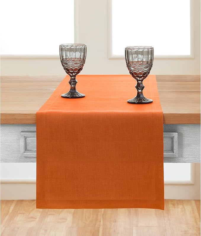 Solino Home Linen Pumpkin Table Runner 48 Inches - 100% Pure Linen Farmhouse Short Table Runner 14 x 48 Inch Ideal for Dresser and Coffee Tables - Fete - Holiday