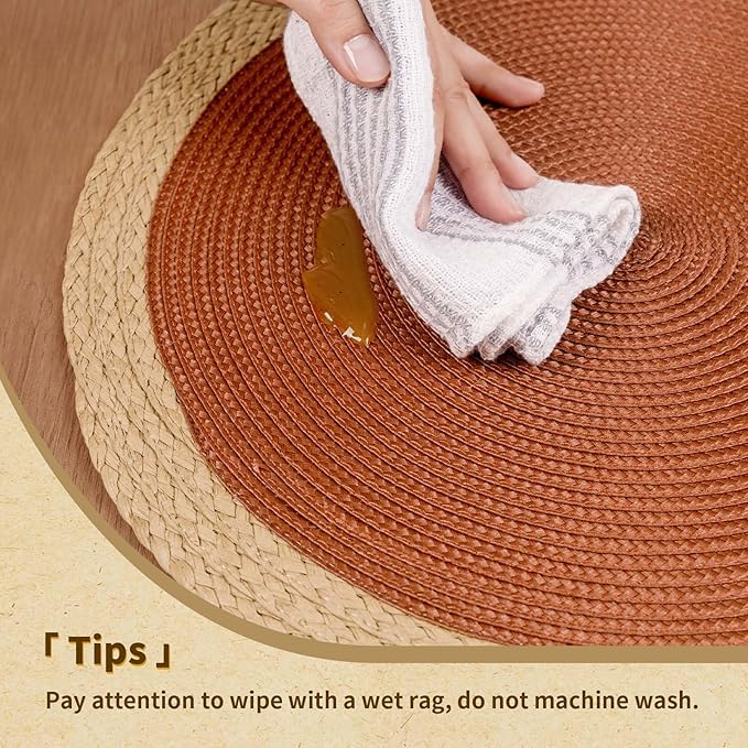 Noctiflorous Round Placemats Set of 4, 15 Inch Braided Hand Woven Table Mats, Heat Resistant Non-Slip Wipeable Wide Edge Place Mats for Kitchen Dining Indoor Outdoor Use(Dark Orange, 4)