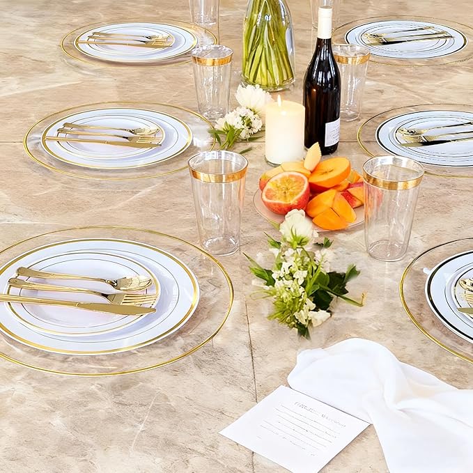 13 Inch Charger Plates, 16 Pack, Clear Charger Plates with Gold Rim, Heavy Duty Disposable Plastic Chargers for Dinner, Elegant Dining, Wedding, Party, Formal Event Decoration (16, Gold)