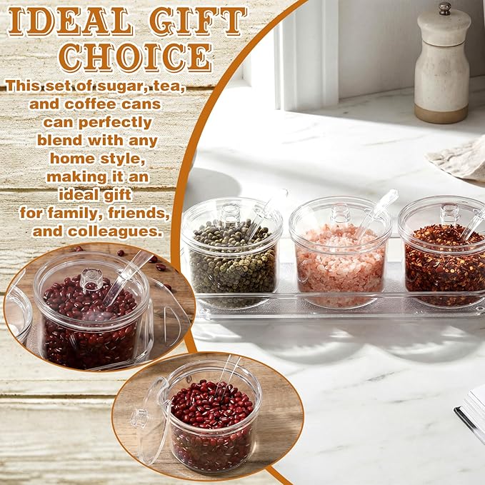 3 Pcs Clear Acrylic Sugar Container with Lid and Spoon 7 oz Seasoning Sugar Jar Salt Spice Canister Condiments Pot with Label Stickers for Home Coffee Bar Restaurant Kitchen
