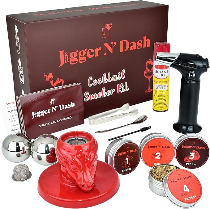 Jigger N' Dash Cocktail Smoker Kit with Torch, Tiki Top Whiskey Kit, Bourbon Gifts for Men Old Fashioned Smoker Whiskey Smoker Infuser Kit Bourbon Smoker Kit Whiskey Smoker Set (Red Dragon)