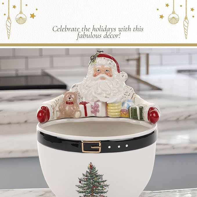 Spode Christmas Tree Santa 9-Inch Nut Bowl – Decorative Earthenware Bowl for Candies, Nuts, Desserts & Holiday Treats – Elegant Christmas Tableware with 22-Karat Gold Accents