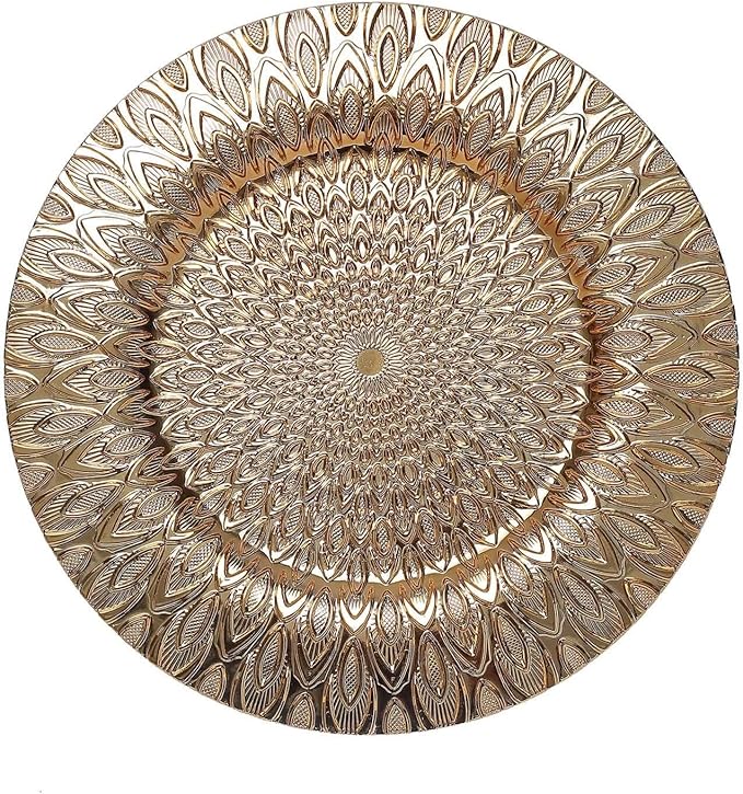 Efavormart 6 Pack | 13" Gold Embossed Peacock Design Plastic Serving Plates, Round Disposable Charger Plates