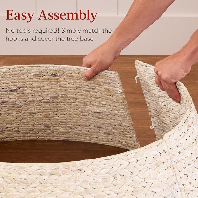 Best Choice Products 24in Christmas Tree Collar, Woven Hyacinth 3-Piece Holiday Rattan Tree Skirt Accessory for Home w/Cord Cut-Out - Transparent White
