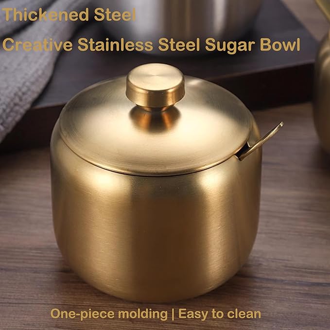 15oz Stainless Steel Sugar Bowl Includes lid and spoon. Elegant modern sugar jar with gold finish, durable sugar container for coffee bar accessories and decor. Perfect for home and kitchen storage.