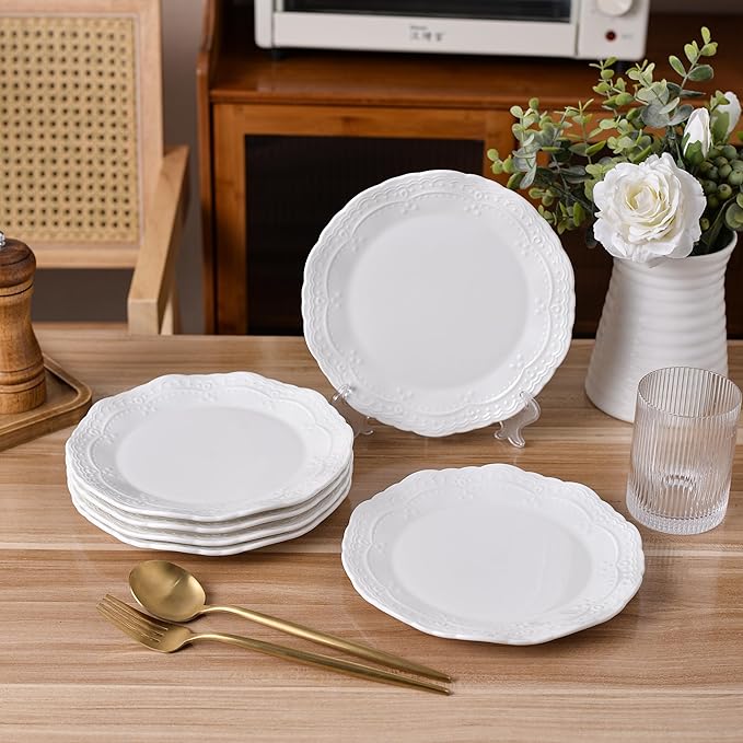 Ceramic Dishes Set of 6,White Porcelain Dinner Plates,Heat Resistant,Scratch Resistant,Highly Glossy Glaze,Embossed,Dishwasher Safe,Microwave Safe,Oven Safe,8 Inch