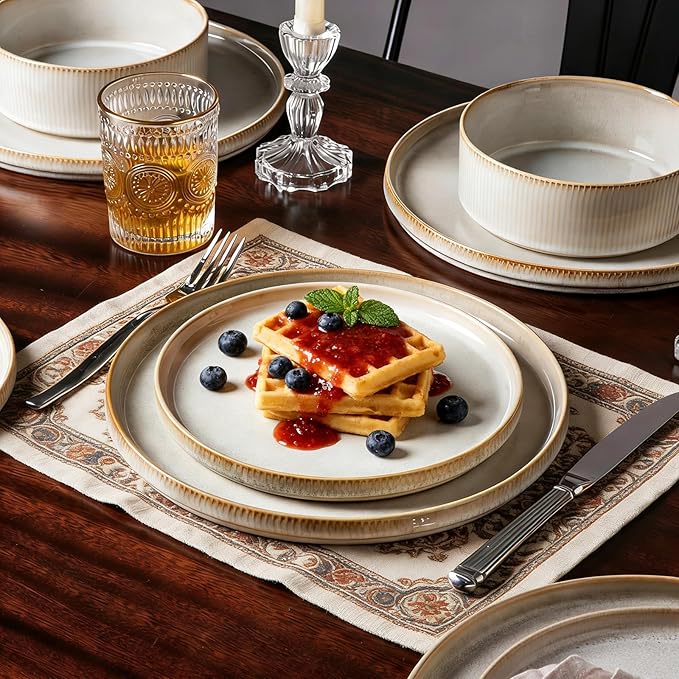 Stoneware Dinnerware Sets for 4, Stoneware Plates and Bowls Set, 12-Piece Ribbed Dishes – Chip & Scratch Resistant, Microwave and Dishwasher Safe Tableware, Warm White