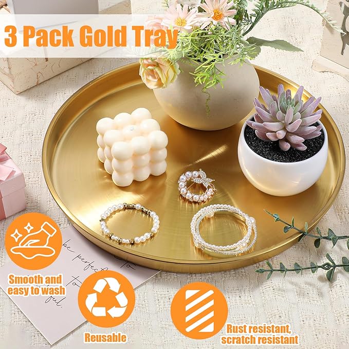 3 Pcs 12 Inch Gold Round Serving Tray, Stainless Steel Decorative Plate for Jewelry Makeup Organizer, Vanity Bathroom Coffee Table Dessert Display