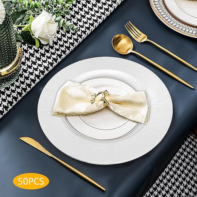 50 Pcs Antique Charger Plates Bulk 13 Inch Embossed Rim Plastic Party Dinner Plate Chargers Round Decorative Server Plate for Wedding Party Event Tableware (50pcs-Silver-2)